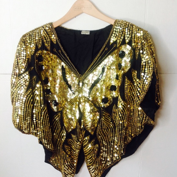 Vintage Butterfly Sequin Top Black Gold Silk Top - Picture 2 of 4